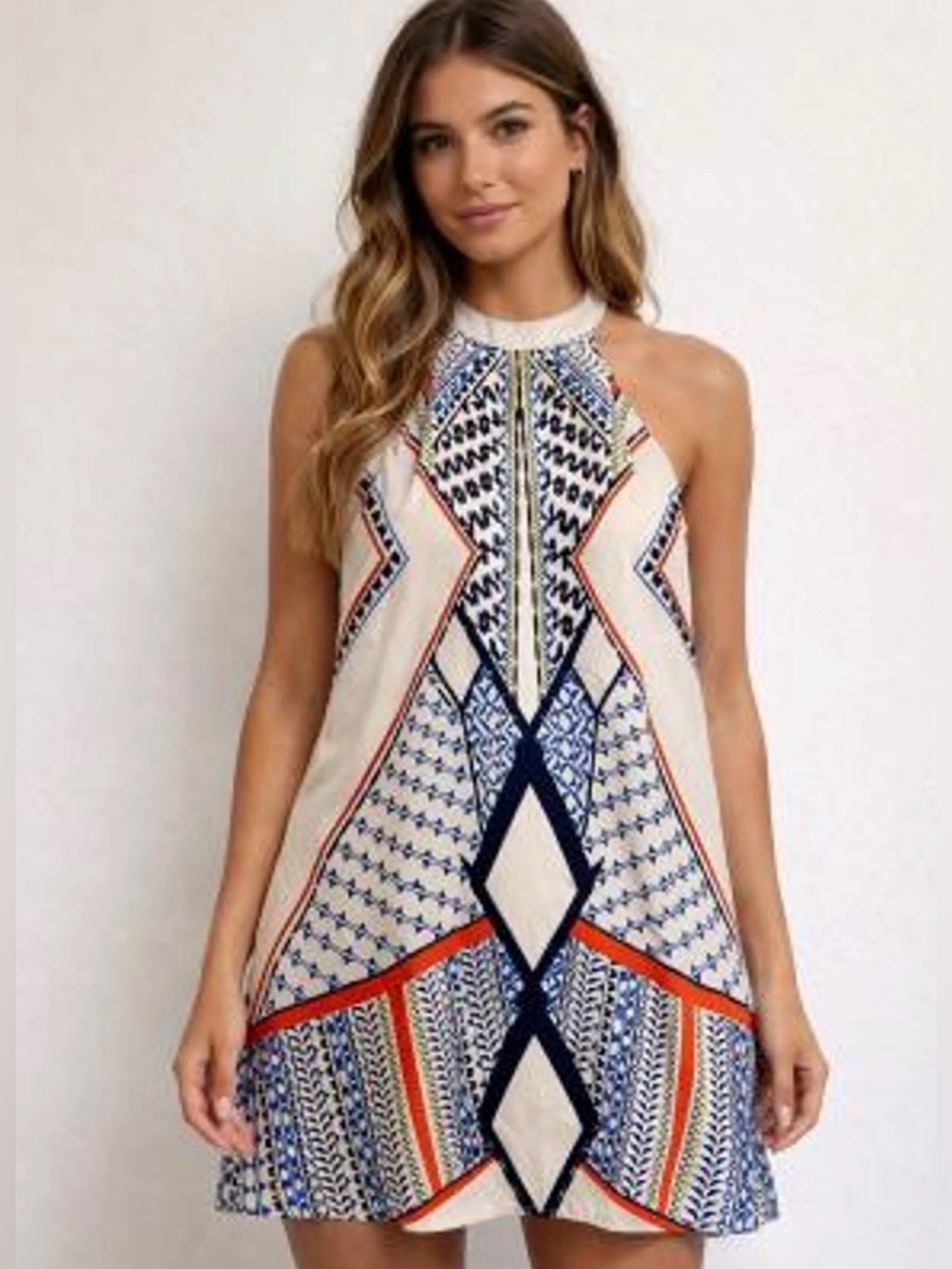 Venus Halter Neck Geometric Print Swing Summer Dress Size Small